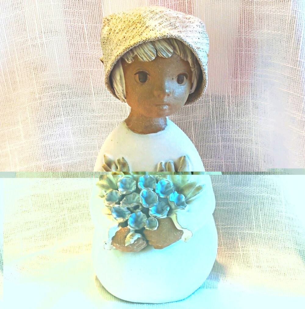 Elaine Carlock MCM Signed Clay Sculpture Blue Flowers White Beige Theme